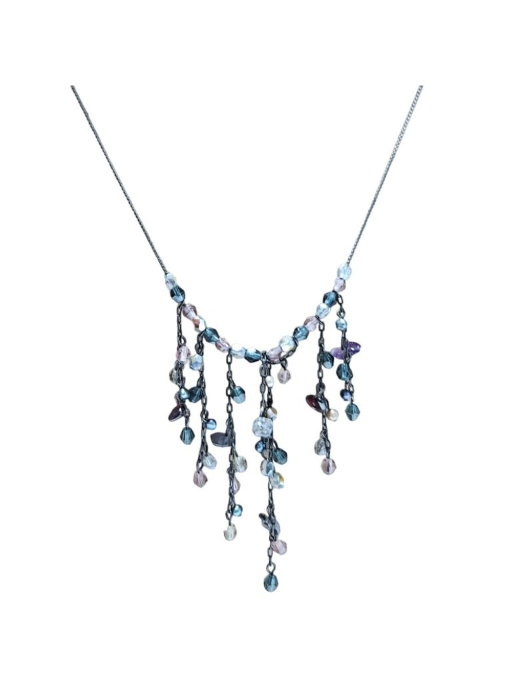 Anne Kline Boho Beaded Waterfall Necklace Blue Purple Beads Fashion Jewelry